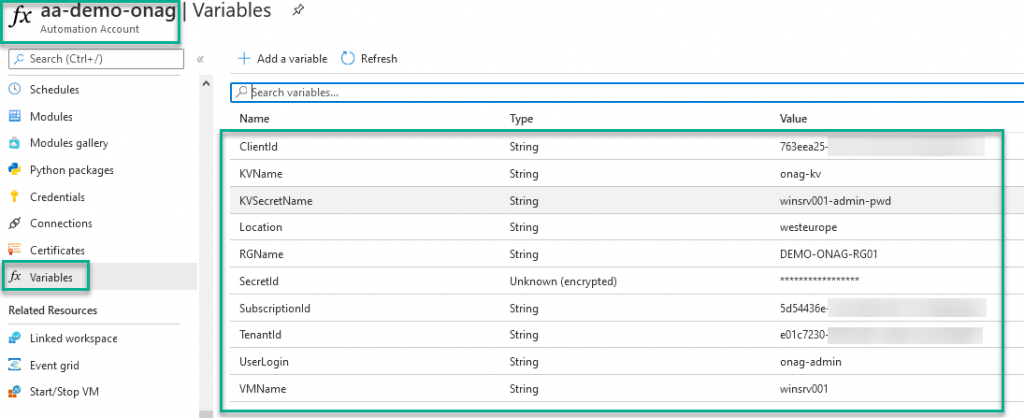 Automation Account required variables