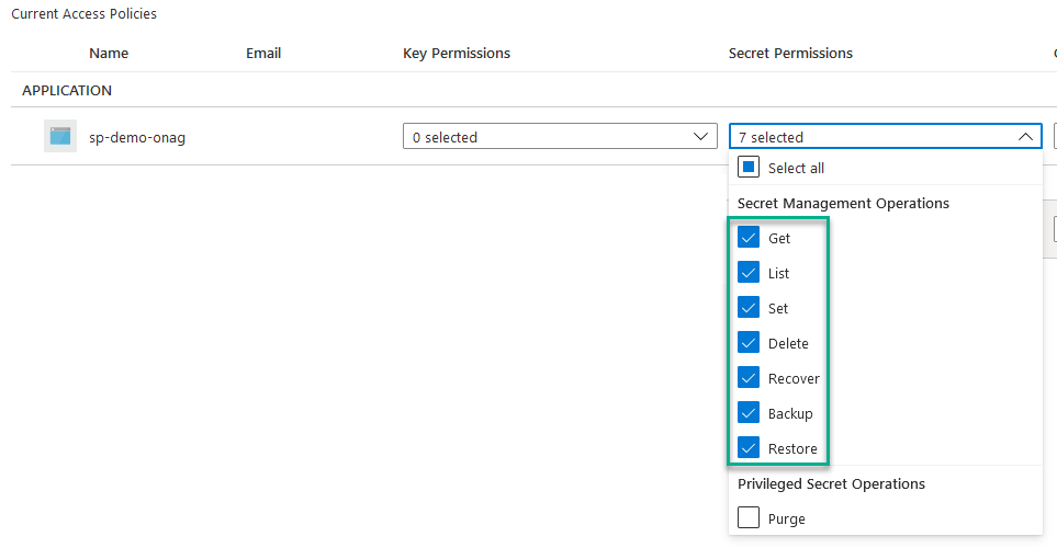 Access policy required on the Key Vault